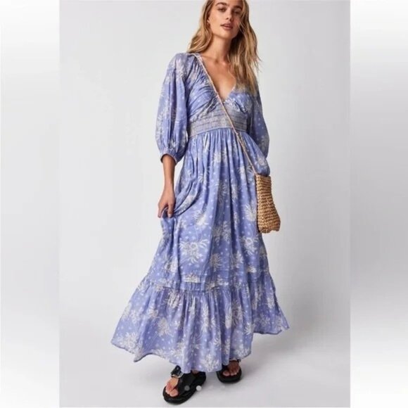 Free People Golden Hour Floral Maxi Dress Womens XS Blue Boho Whimsical Fairy - Picture 1 of 8